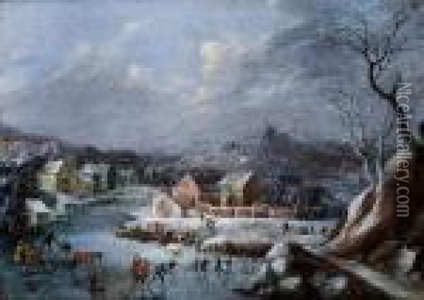 Winterlandschaft Mit Eislaufern. Oil Painting - Robert Griffier