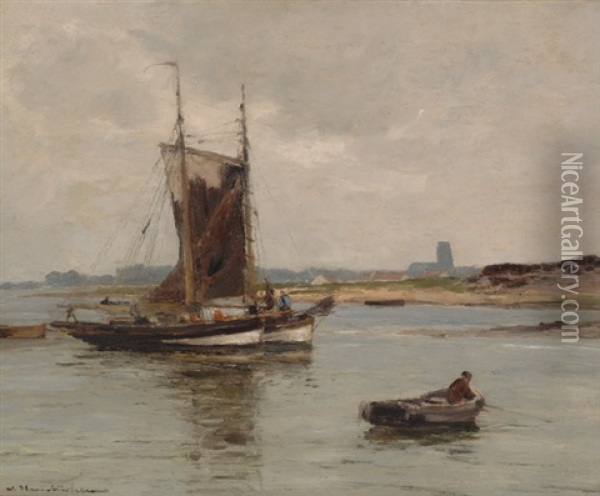 Boats On A River Oil Painting - Wilhelm Hambuechen