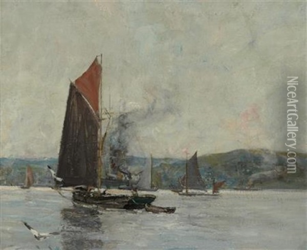 Barges On The Clyde Oil Painting - James Kay