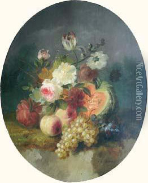  Raisin, Potiron Et Fleurs  Oil Painting - Jules Edouard Diart