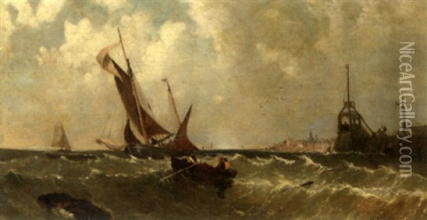 Shipping Off A Harbor Mouth Oil Painting - James Meadows Snr