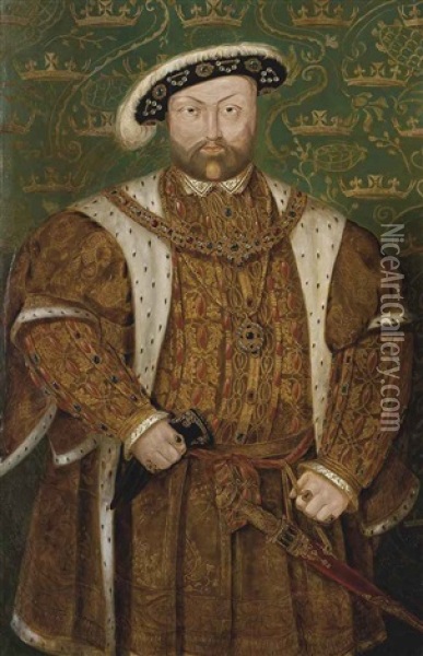 Portrait Of King Henry Viii (1491-1547), Three-quarter-length, In An Ermine-trimmed Coat And Jewel-encrusted Feathered Cap Oil Painting - Hans Holbein the Younger