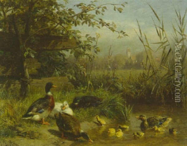 Enten Am Wasser Eines Tumpels Vorn Oil Painting - Carl Jutz the Elder