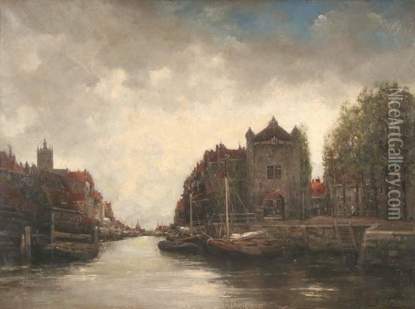 Dutch Canal Scene Oil Painting - Hermanus Jr. Koekkoek