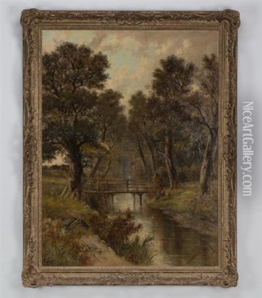 A Forest Clearing With A Fisherman Sitting Beside A River With A Bridge Beyond Oil Painting - Abraham Hulk the Younger