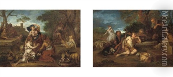 Moses Attacking The Shepherds (+ Moses With The Daughters Of Jethro; Pair) Oil Painting - Lodewyck de Deyster