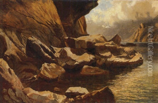 Falaises Et Rocher Au Bord Du Lac Des Quatres-cantons Oil Painting - Alexandre Calame