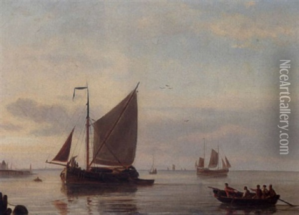A Calm Dutch Estuary With Sailing Boats And Fishermen Oil Painting - Pieter Cornelis Dommershuijzen