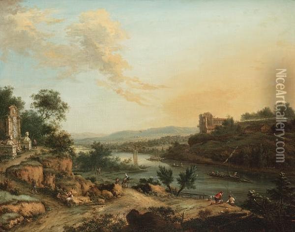 A Rhenish River Landscape With 
Travellers On A Track, Anglers On A Bank And A Monument Nearby Oil Painting - Johann Christian Vollerdt or Vollaert