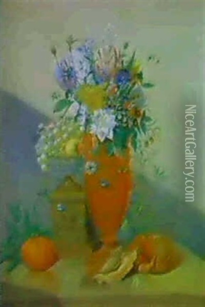 Stilleben Mit Einem Blumenstrauss In Einer Ornamental       Verzierten Tonvase, ... Oil Painting - Anthony Oberman