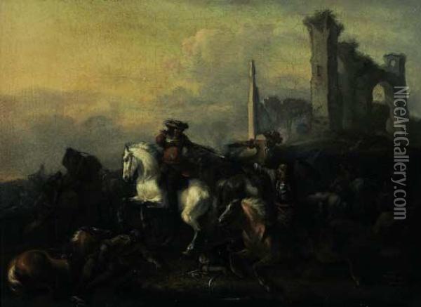 Scena Di Battaglia Con Rudere Sullo Sfondo Oil Painting - Georg Philipp I Rugendas