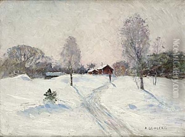 Vinterlandskap Med Vandrande Figur Oil Painting - Anton Genberg