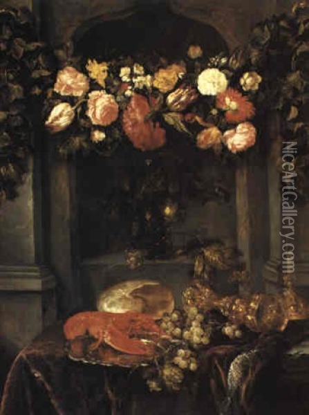 A Still Life With A Lobster, Flowers, Roemer And Grapes On A Draped Table Oil Painting - Abraham van Beyeren
