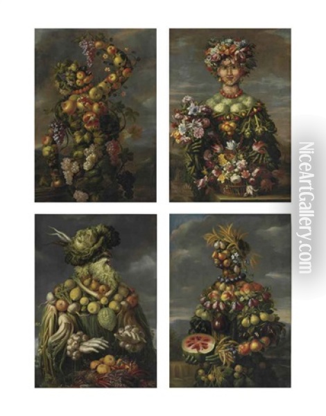 Four Anthropomorphic Figures: An Allegory Of The Four Seasons (set Of 4) Oil Painting - Giuseppe Arcimboldo