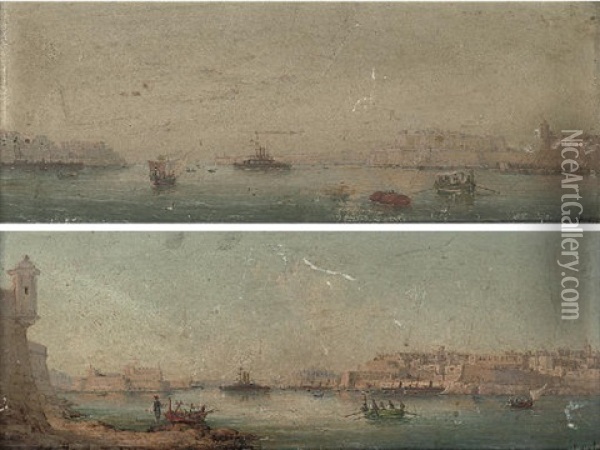 View Of Valetta From Senglea (+ The Great Harbour, Valetta; Pair) Oil Painting - Luigi Maria Galea