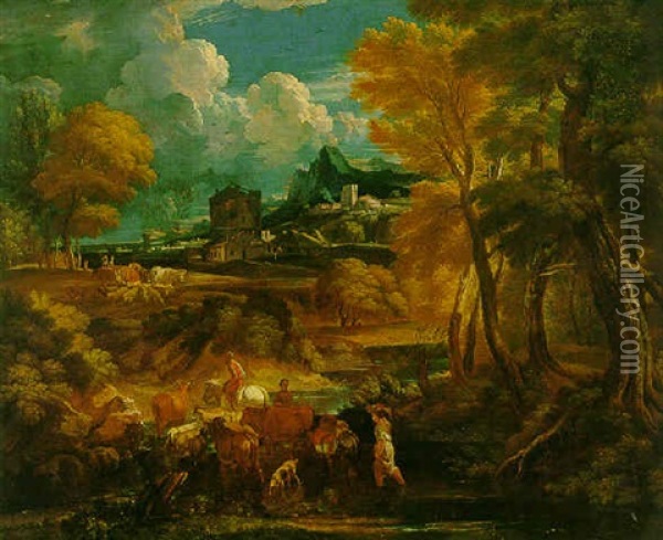 An Italianate Wooded Landscape With Shepherds And Their Cattle Forging A River Oil Painting - Pieter Mulier the Younger