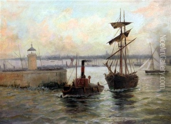 Tug And Sailing Ship Leaving Harbour Oil Painting - Edward Henry Eugene Fletcher