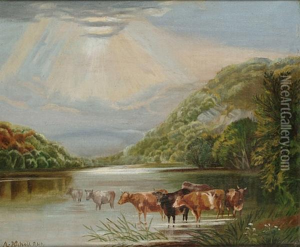 Cattle Watering Oil Painting - Andrew Nicholl