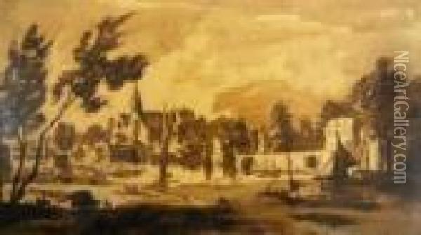 River Village Landscape Oil Painting - Abraham Rademaker