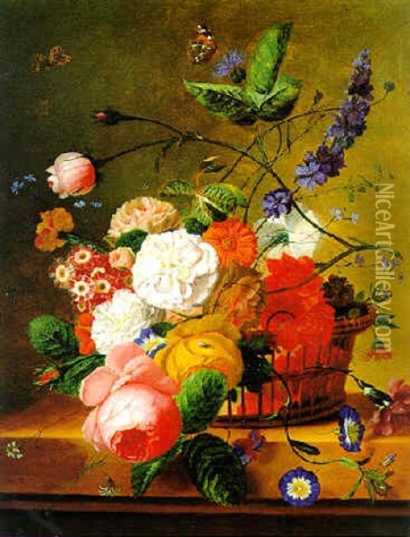 Blumenstraus In Einem Korb Mit Schmetterlingen Oil Painting - Moise Jacobber