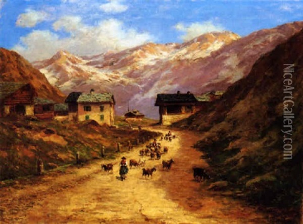 Paesaggio Montano Con Armenti Oil Painting - Silvio Poma