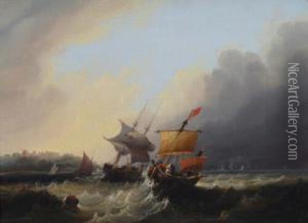 Two- Master Andcoastal Craft In Choppy Seas Off A Coast Oil Painting - Frederick Calvert