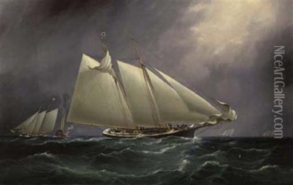 "dauntless" Leading "columbia" At The Lightship With "madeleine" Following Oil Painting - James Edward Buttersworth