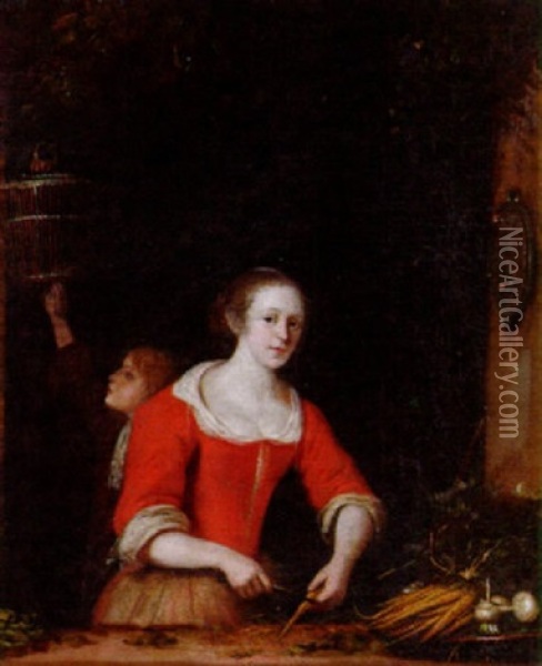 Junge Frau Beim Karrottenputzen Im Fenster Oil Painting - Pieter Cornelisz van Slingeland
