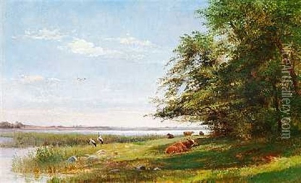 Frodigt Sommerlandskab Med Storke Og Koer Pa Engen Oil Painting - Olaf August Hermansen