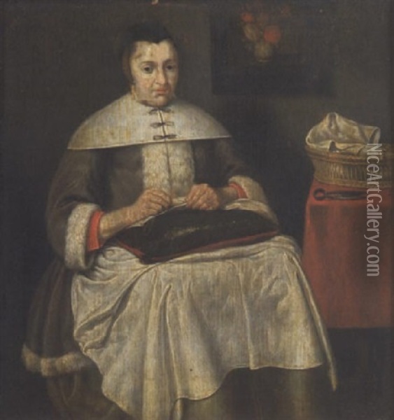 A Lady Seated Sewing, Her Basket And Scissors Beside Her Oil Painting - Gerard ter Borch the Younger