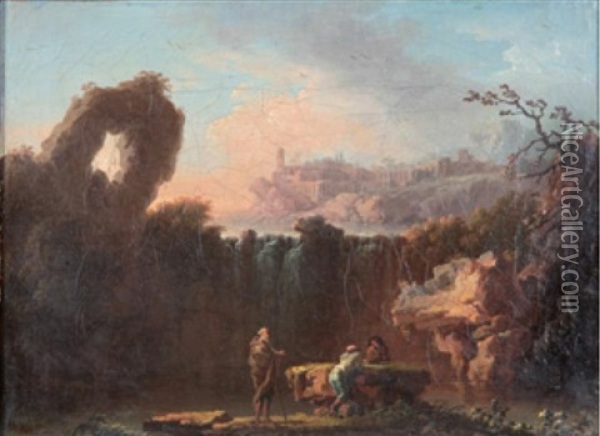 Paysage Italien Avec Trois Hommes En Conversation Oil Painting - Jean Baptiste Pillement