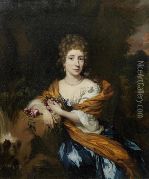 Portrait Of Baroness Van Heeckeren, Three-quarter-length, In A Blue Dress And Yellow Wrap, Seated Before A Landscape Oil Painting - Nicolaes Maes