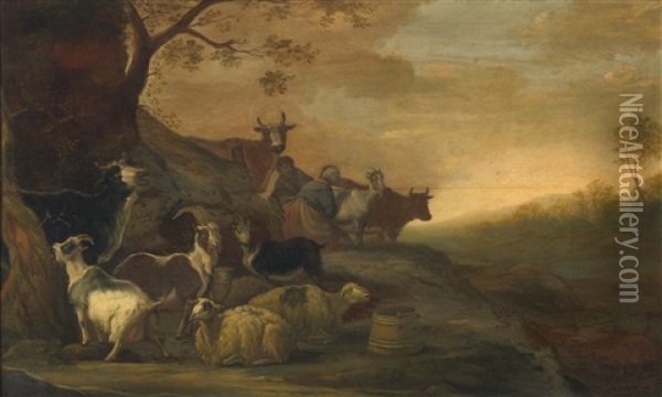 A Landscape With Goats, Sheep And Cows With A Herdsman And A Milkmaid In The Background Oil Painting - Franz (Francois) Ryckhals