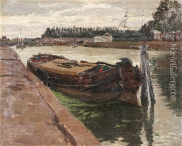 Schleppkahn Im Hafen Oil Painting - Friedrich Kallmorgen