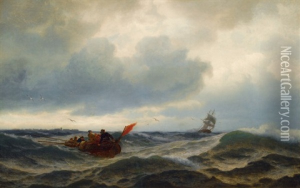 Rough Seas Offshore Warnemunde Oil Painting - Friedrich Ludwig Christian Sturm