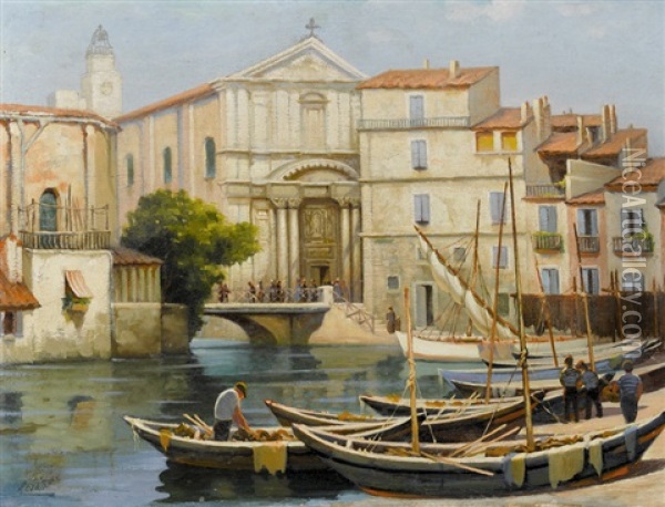 Kanal In Venedig Mit Kirchgangern Oil Painting - Antonio Maria de Reyna Manescau