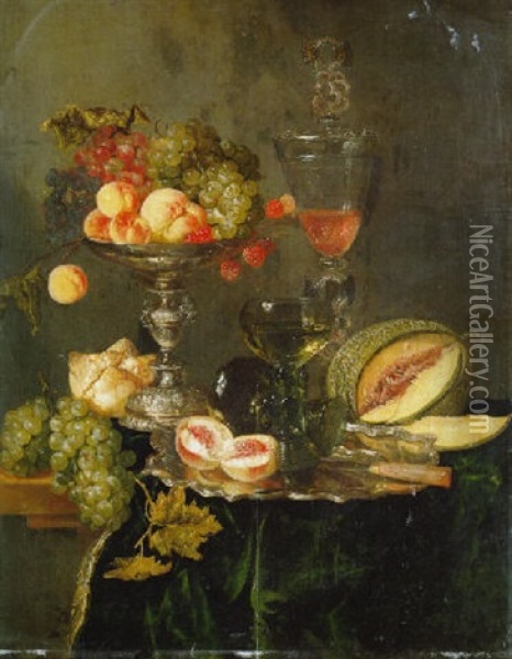 Nectarines, Peaches And Other Fruit On A Silver Tazza, Two Roemers And Other Objects On A Table With A Green Velvet Cloth Oil Painting - Abraham van Beyeren