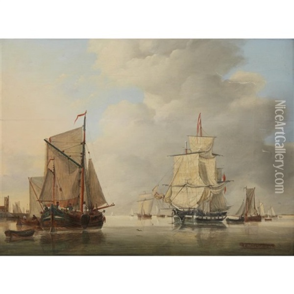 Ships In Harbor Oil Painting - Jan Hendrik Boshamer