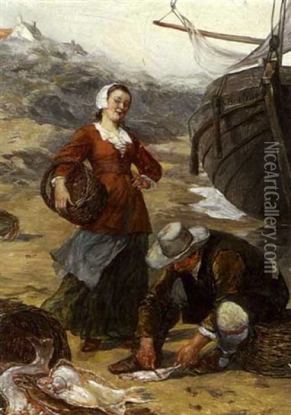 Fischverkaufer Am Strand Oil Painting - Heinrich Breling