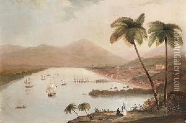 The Port Of Guayaquil, Ecuador; A Vessel Leaving A Coastal Inlet, A Pair Oil Painting - Alexander F. Rolfe