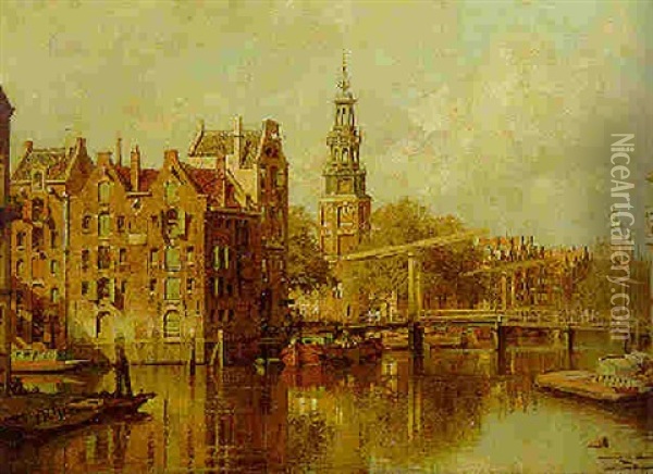 View Of The Montelbaanstoren, Amsterdam Oil Painting - Johannes Christiaan Karel Klinkenberg