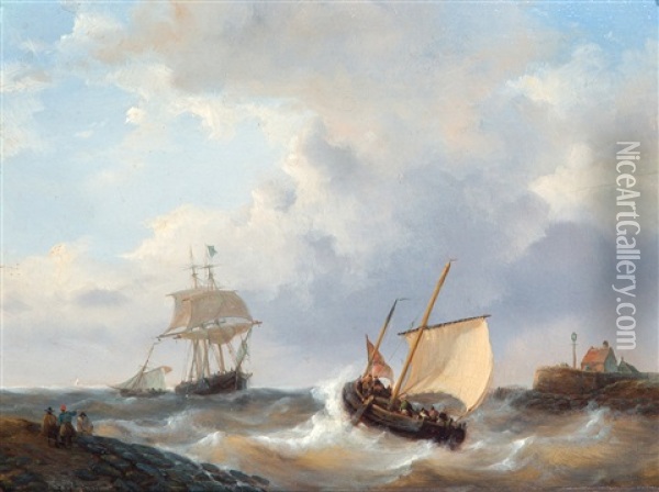 Schepen Op Woelig Water Bij Een Havenhoofd Oil Painting - George Willem Opdenhoff