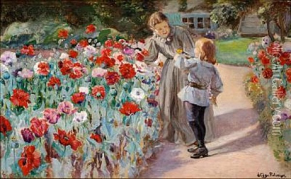 The Artist's Wife And Son Johannes At A Bed Of Poppies In The Garden Of The Family Villa Karlsberg Near Hillerod Oil Painting - Viggo Pedersen