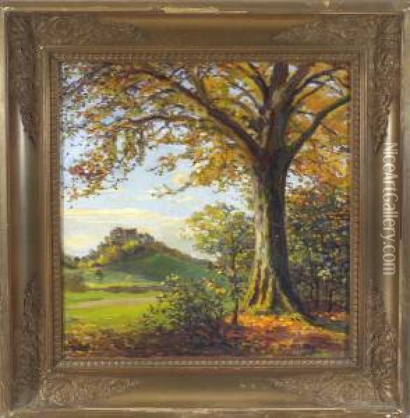 Blick Vom Herbstlichen Waldrand Auf Eine Burganlage Oil Painting - Peter Emil Recher