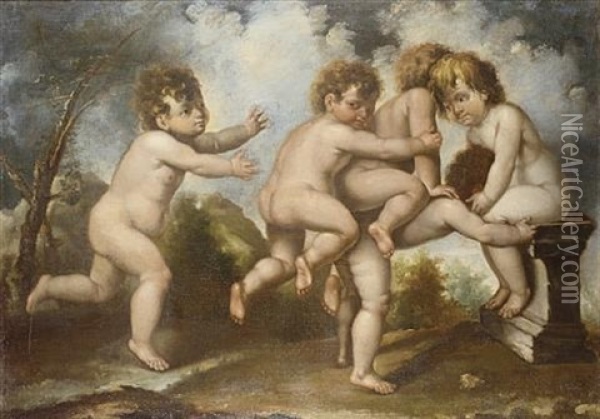 Putti Desporting In A Landscape (pair) Oil Painting - Pasquale de' Rossi