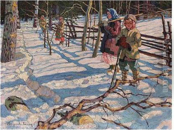 Children In The Snow Oil Painting - Nikolai Petrovich Bogdanov-Belsky