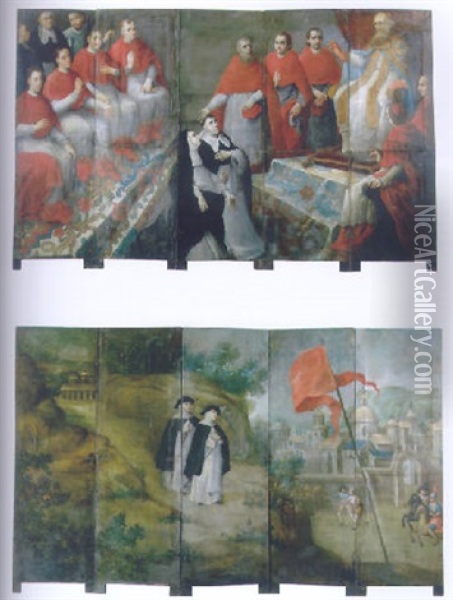 La Presentacion De Santa Catalina De Siena Por Santo Domingo De Guzman Al Papa Clemente Viii Oil Painting - Miguel Cabrera