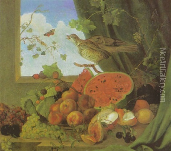 Fruchtestilleben Mit Vogel Und Schmetterling An Der Fensterbrustung Im Hintergrund Oil Painting - Antal Jozsef Strohmayer