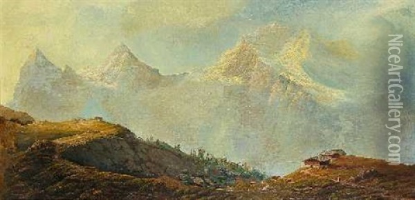 Alm In Hochgebirge Vor Eiger, Monch Und Jungfrau Oil Painting - Gustave Adolph Amberger