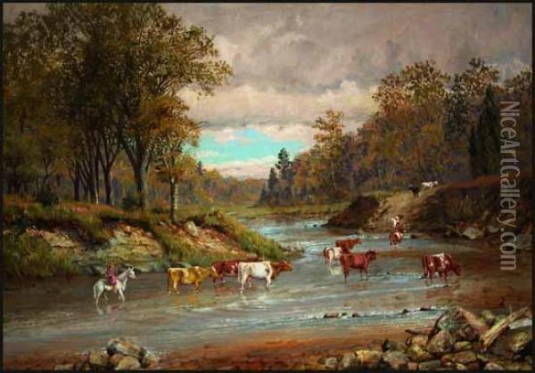 Stream With Cattle Oil Painting - Thomas Mower Martin